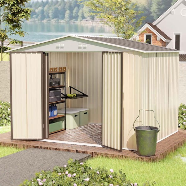 Tenleaf 10 ft. W x 8 ft. D Cream White Metal Shed with Hinge Door