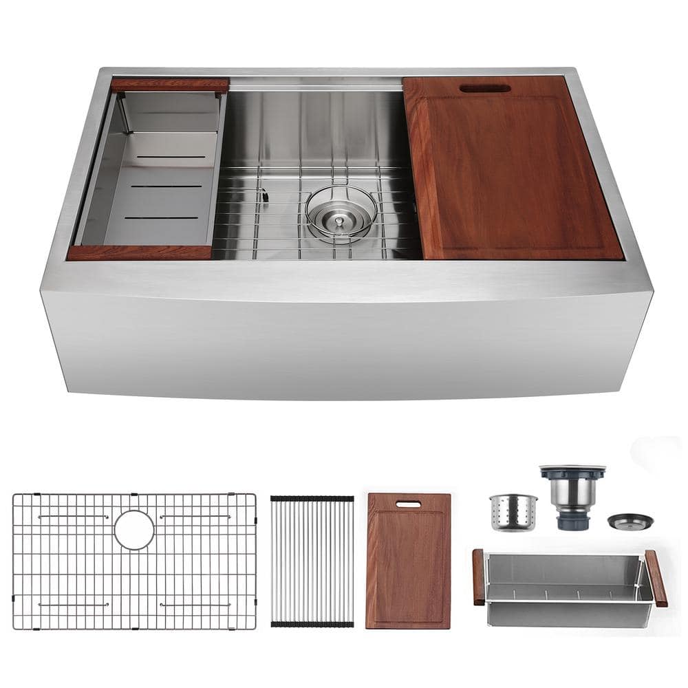 18-Gauge 33 in. Farmhouse Apron Single Bowl Stainless Steel Workstation Kit