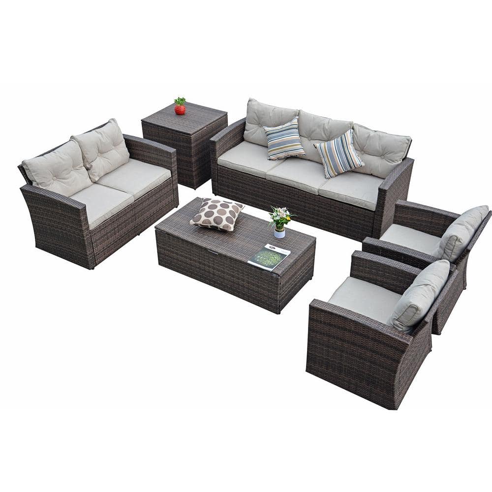 DIRECT WICKER Sunny Brown 6-Piece Wicker Patio Conversation Set with Gray  Cushions and Storage Boxs PAS-1503-Br - The Home Depot