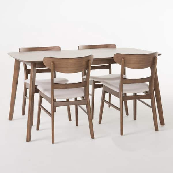 Noble House Idalia 5-Piece Light Beige and Natural Walnut Dining Set