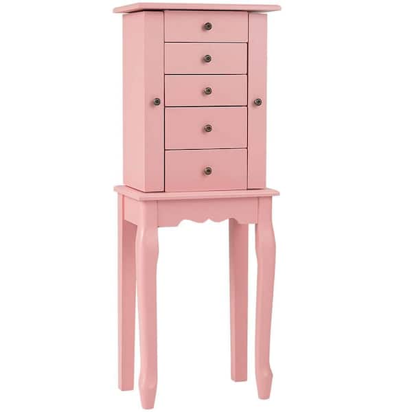 Costway Pink Wood Jewelry Cabinet with Mirror Armoire Storage