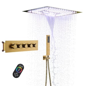 4-Spray Dual Shower Heads 16 in. Ceiling Mount Fixed and Handheld Shower Head 2.5 GPM in Brushed Gold, 64-Color Lights