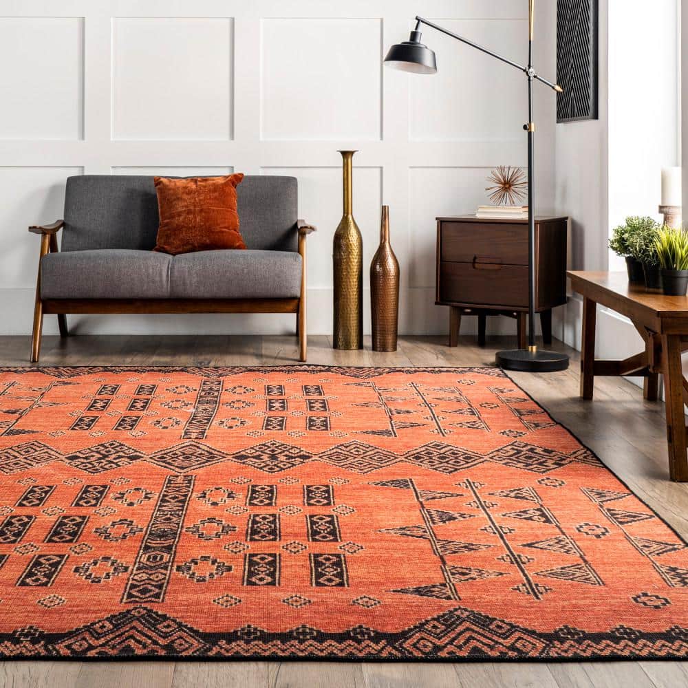 Quincy Red Geometric Cotton-Blend Washable Area Rug