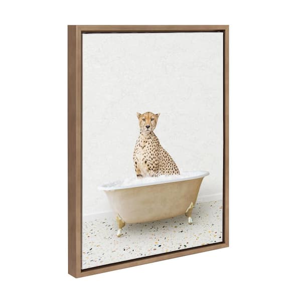 Kate and Laurel Sylvie Cheetah in Bath Framed Canvas by Amy Peterson Art Studio (Set of 1) Animal Art Print 18.00 in. x 24.00 in.