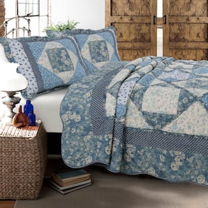 Floral Rose Garden 3-Piece Blue Vintage Cottage Patchwork Queen Quilt Bedding Set