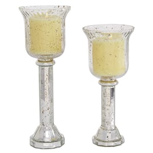 Silver Glass Pillar Hurricane Lamp (Set of 2)