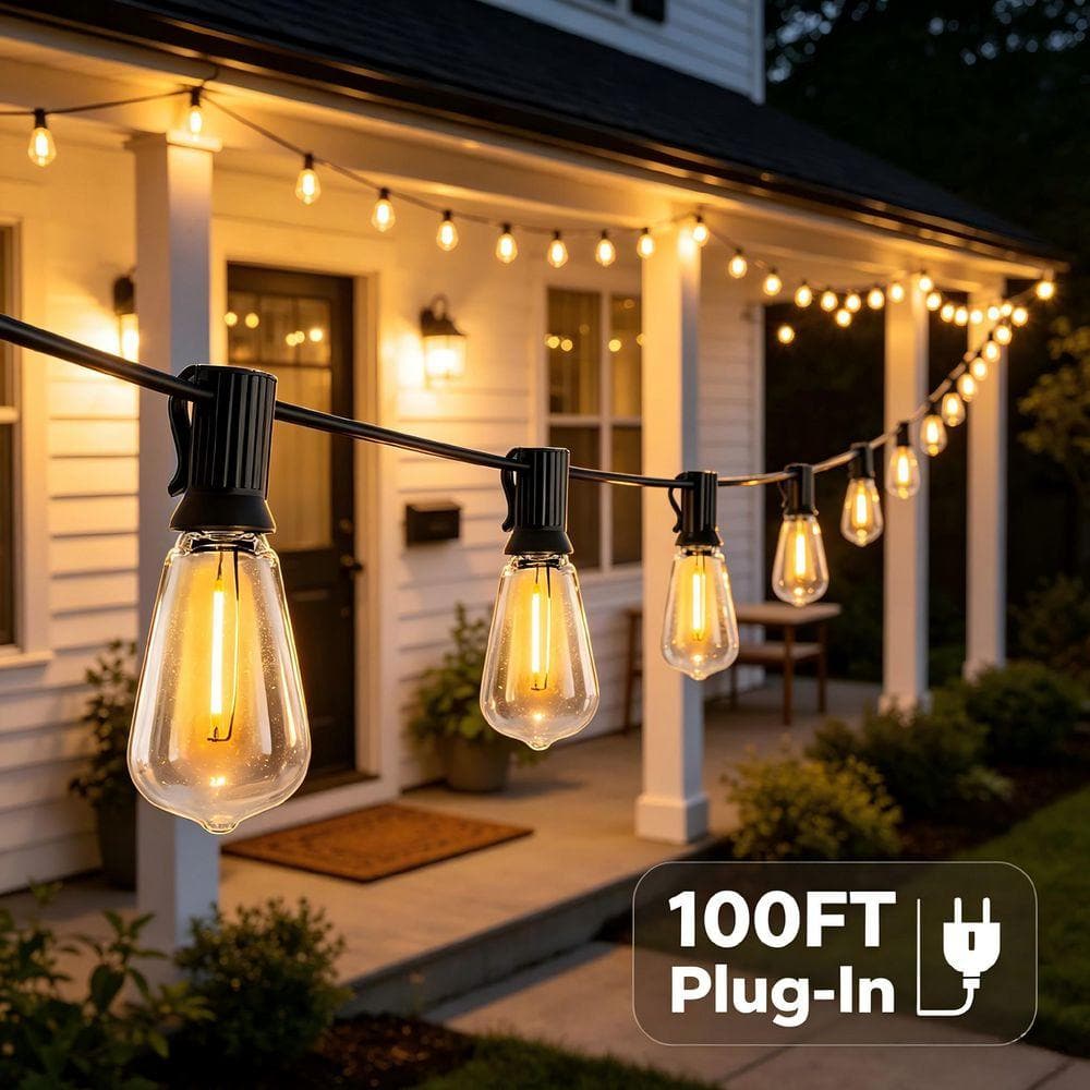Bieuoram 100 ft. ST38 Vintage Edison Light Outdoor Plug-In