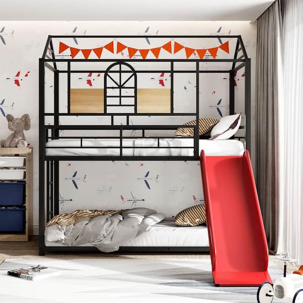 Red Twin Metal Bunk Bed, Metal Housebed With Slide