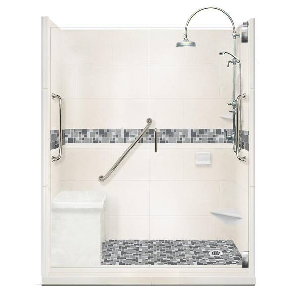 American Bath Factory Newport Freedom Luxe Hinged 42 in. x 60 in. Right Drain Alcove Shower in Natural Buff and Satin Nickel Faucet/Hardware