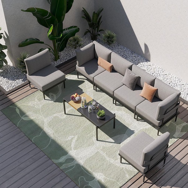 7-Piece Metal Outdoor Patio Conversation Set with Coffee Table, Grey Cushions and Grey Frame