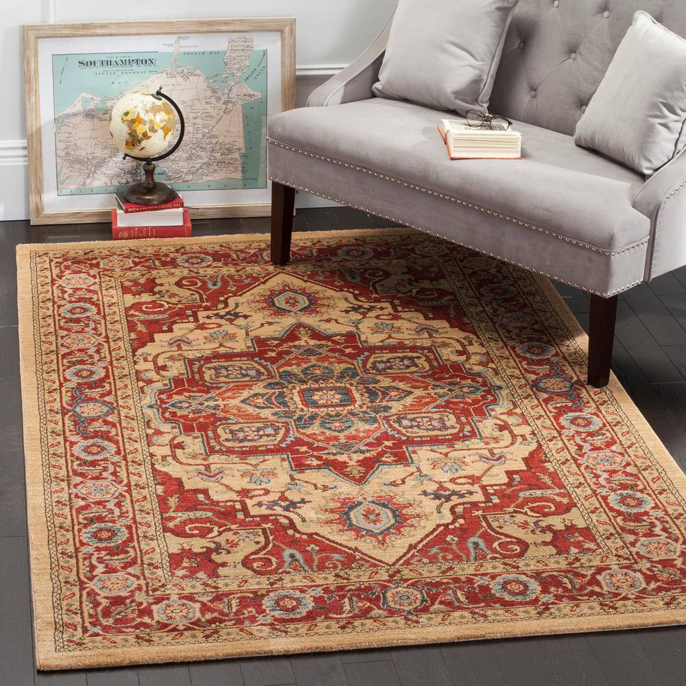 Mahal Red and Natural Rectangular Synthetic Area Rug
