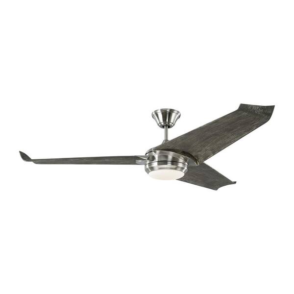 Generation Lighting Orville 60 in. Integrated LED Indoor/Outdoor Brushed Steel Ceiling Fan with Light Grey Weathered Oak Blades and Remote