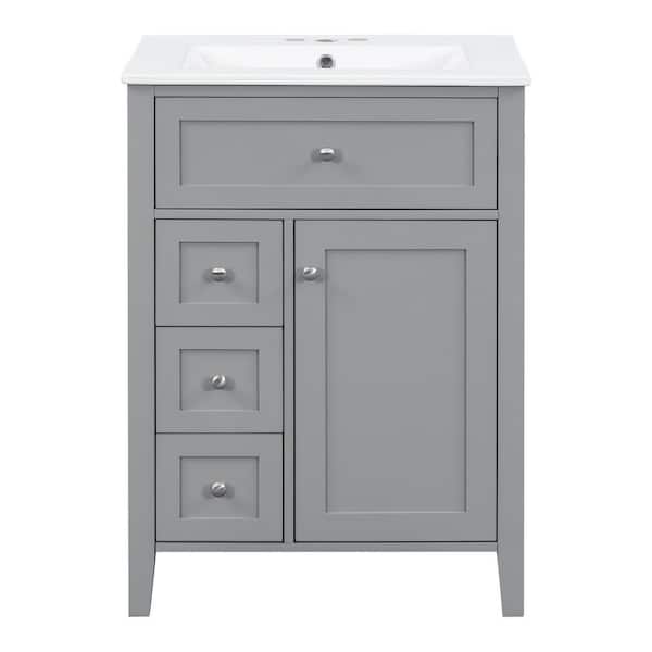24 in. Gray Wood Rectangle Vessel Sink Bathroom Vanity Combo with Adjustable Shelves, 3 Drawers