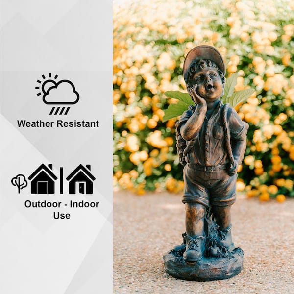 24 in. H Faux Bronze Magnesium Oxide Walking Boy Garden Statue w/ Small Flower Plant Pot, Natural Design Sculpture