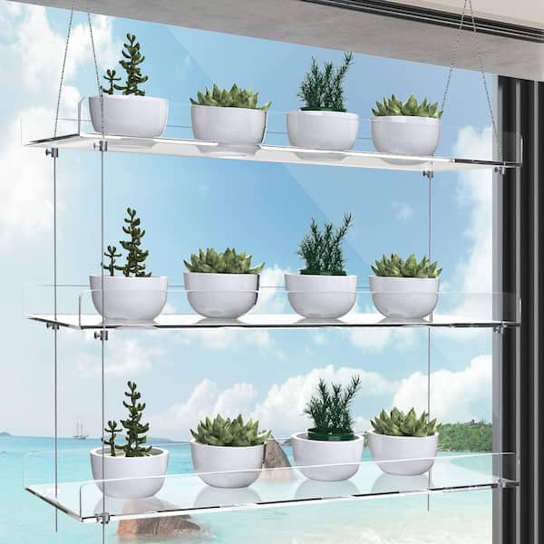 Plastic Plant Shelves (16 in. W x 60 in. H) 3-Tier Hanging Clear Plant Stand for Indoor Adjustable Herb Flower Shelf