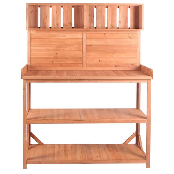 Unbranded 65"Large Outdoor Farmhouse Wooden Potting Bench Table, Patio Workstation with 4 Storage Shelves and Side Hook, Natural