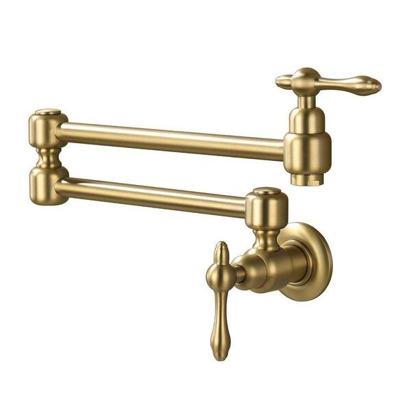Wall Mounted Folding Pot Filler with Double-Handle Brass Stretchable Kitchen Sink Faucet in Brushed Gold