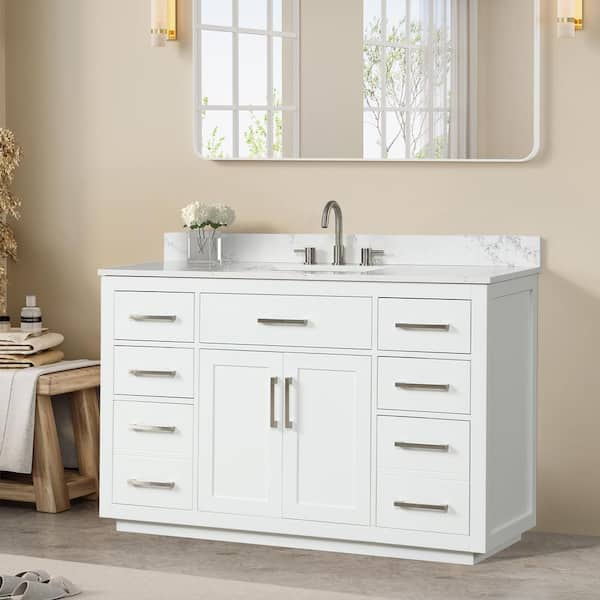 54 in. W Solid Wood Bath Vanity Double Sink with White Quartz Countertop, Soft-Close Cabinet, 6 Drawers, Assembled