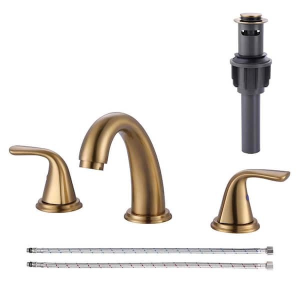 3-Holes 8 in. Widespread Double Handle Bathroom Faucet with Pop-Up Drain Assembly in Brushed Gold