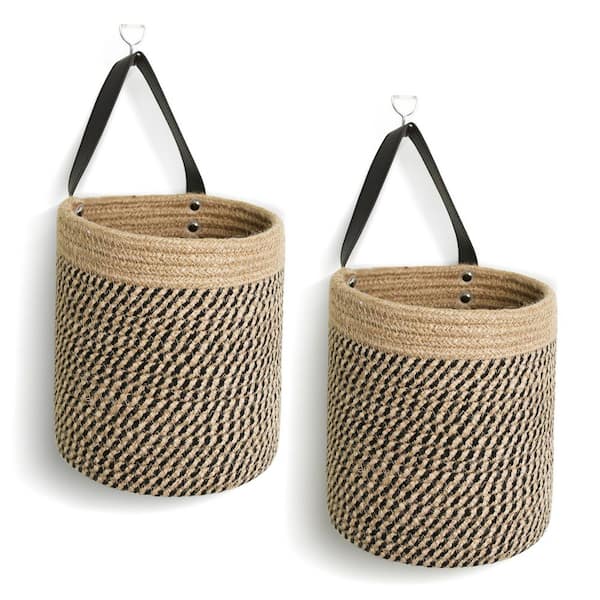 7 in. x 8 in. Small Fabric Wicker Hanging Basket for Plant Organizing Black Stripes (2-Pack)