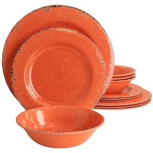 Mauna 12-Piece Melamine Dinnerware Set in Crackle Orange Service of 4
