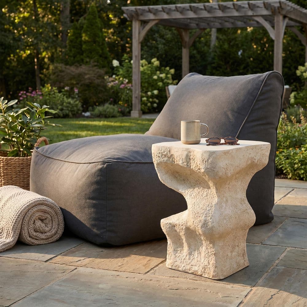 Aro Patio Beige Stone Square Outdoor Side Table End Table, Magnesium Oxide (MGO)