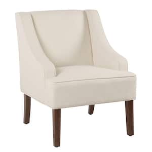 Cream and Brown Fabric Accent Chair with Swooping Armrests