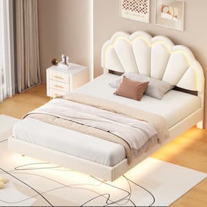 Floating Style Beige Wood Frame Full Size Upholstered Platform Bed with Smart LED and Elegant Flower Pattern Headboard
