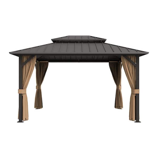 10 ft. x 14 ft. Double Galvanized Steel Roof Aluminum Frame Outdoor Patio Hardtop Gazebo with Netting and Curtains