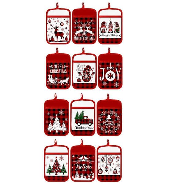 12-Piece Christmas Pot Holders with Pocket, Heat Resistant Winter Hot Pad, Oven Mitts for Baking Cooking, Classic Style