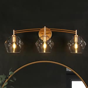 26 in. Satin Gold 3-Light Vanity Light Modern Bathroom Washroom Powder Room Wall Light with Hexagon Clear Glass Shades