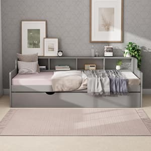 Gray Wood Twin Size Daybed with Shelves and Twin Size Trundle for Guest Room, Small Bedroom, Study Room