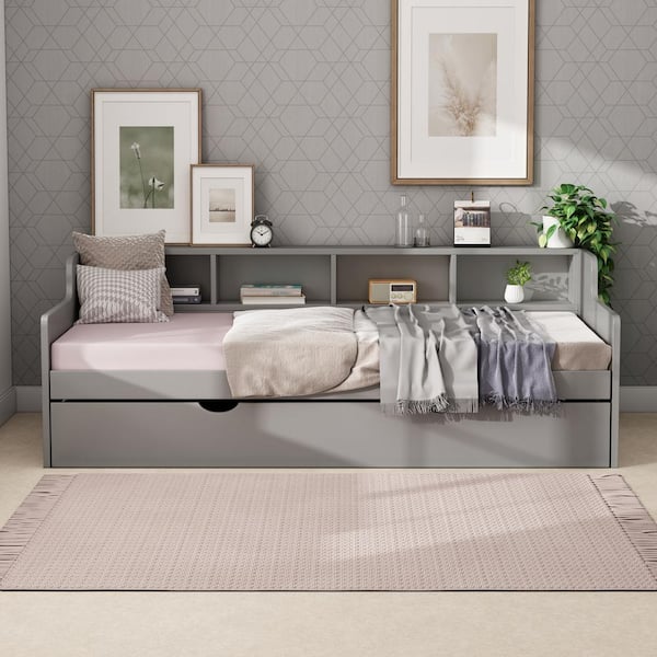 Harper & Bright Designs Gray Wood Twin Size Daybed with Shelves and Twin Size Trundle for Guest Room, Small Bedroom, Study Room