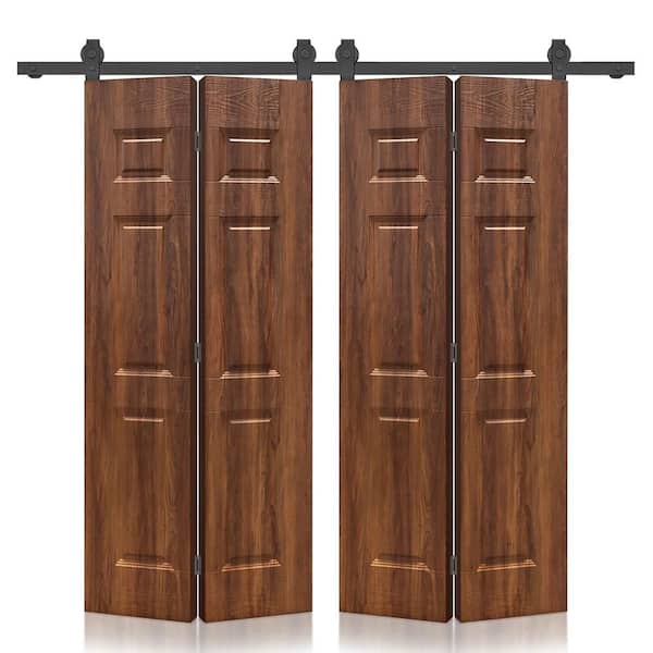 68 in. x 80 in. 6 Panel Hollow Core Walnut Composite Texture Double Bi-Fold Door with Sliding Barn Door Hardware Kit