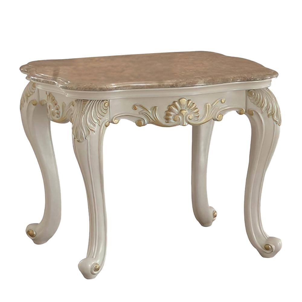 Pearl White and Gold Rectangular Wooden End Table with Marble Top and Storage