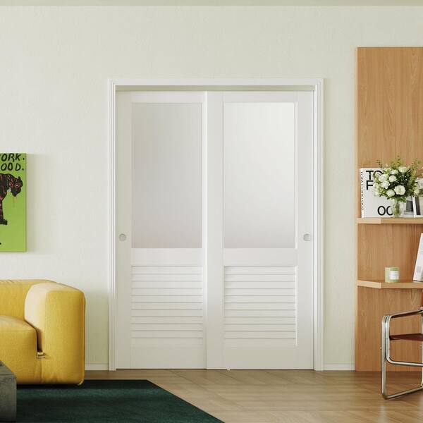 ソーレ　ホワイトドアミラー TENONER 60 in. x 80 in. Half Louver Half Frosted Glass White