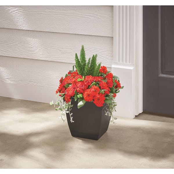 Mirabelle Medium Black Plastic Square Planter with Drainage Hole and Attached Saucer (10 in. L x 10 in. W x 9 in. H)