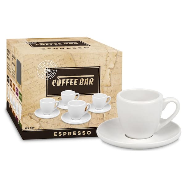 Konitz Coffee Bar Espresso Cups and Saucers, 2-Ounce, White, Set of 4