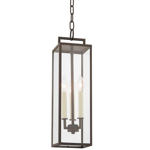 Troy Lighting Beckham 21.25 in. 3-Light Textured Bronze Outdoor Pendant-Light with Clear Glass Shade