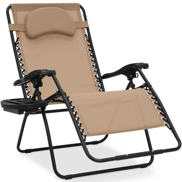 Best Choice Products Oversized Zero Gravity Folding Reclining Tan Fabric Outdoor Lawn Chair w/Cup Holder
