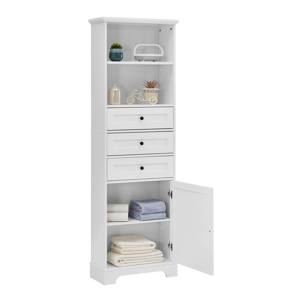 White Tall Bathroom Storage Cabinet with Adjustable Shelves and Drawers