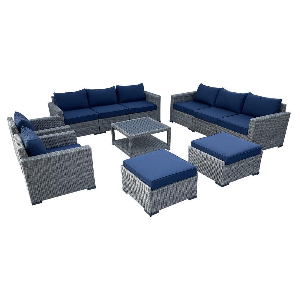 Urban Oasis 11-Piece Wicker Rattan Outdoor Sectional Set with Blue Cushions