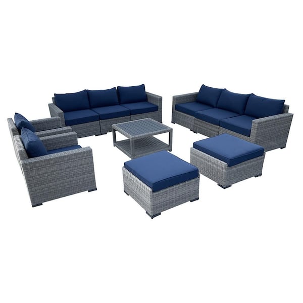 AndMakers Urban Oasis 11-Piece Wicker Rattan Outdoor Sectional Set with Blue Cushions and Coffee Table