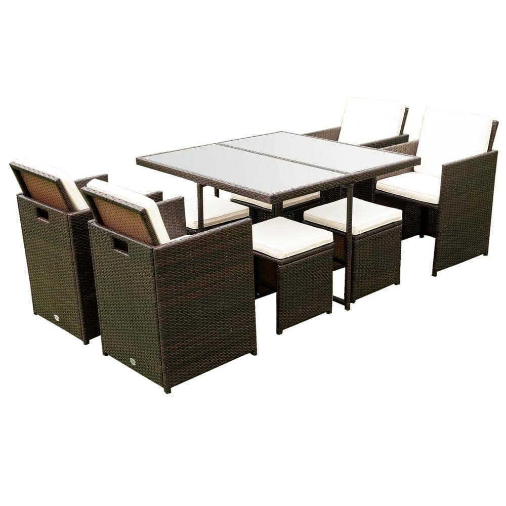Dark Brown 9-Piece Wicker Patio Conversation Set with White Cushions and Gl