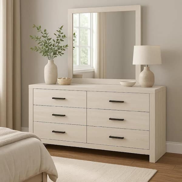 Sili Coastal White and Dark Bronze 6 Drawer 16.25 in. Dresser with Mirror