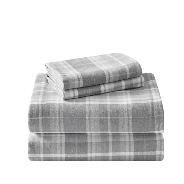 Laura Ashley Mulholand Plaid 4-Piece Medium Gray Cotton Flannel Full Sheet Set