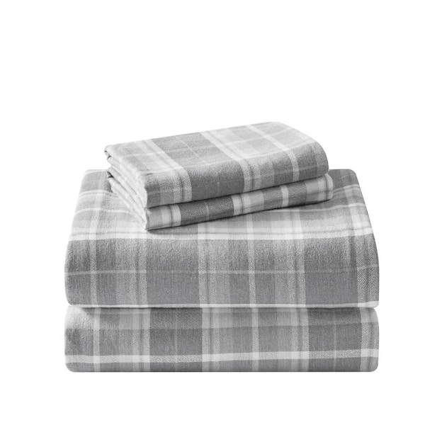 Laura Ashley Mulholland 4-Piece Medium Gray Plaid Flannel Queen Sheet Set