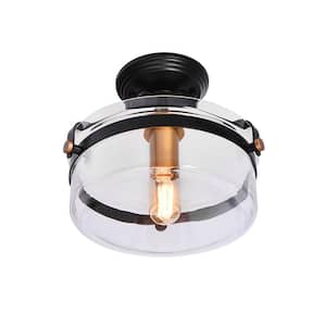 Kateo 13 in. 1-Light Black and Gold Drum Semi-Flush Mount With Clear Glass Shade