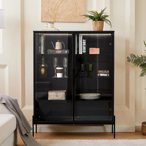 51.2'' Black MDF Freestanding Display Buffet Cabinet with Glass Doors & LED Lighting, 4 Adjustable Shelves