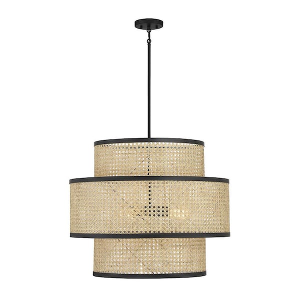 Savoy House 22 in. W x 18 in. H 3-Light Natural Cane and Matte Black Panel Pendant Light with Natural Cane Shade
